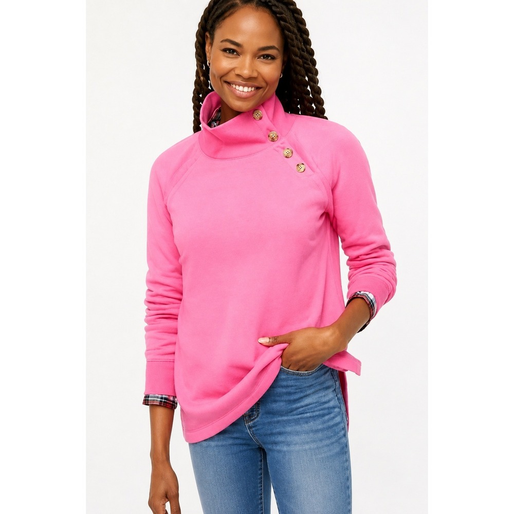 J.Crew Barbie Pink Funnel Neck Fleece Sweatshirt Preppy Casual Small New England